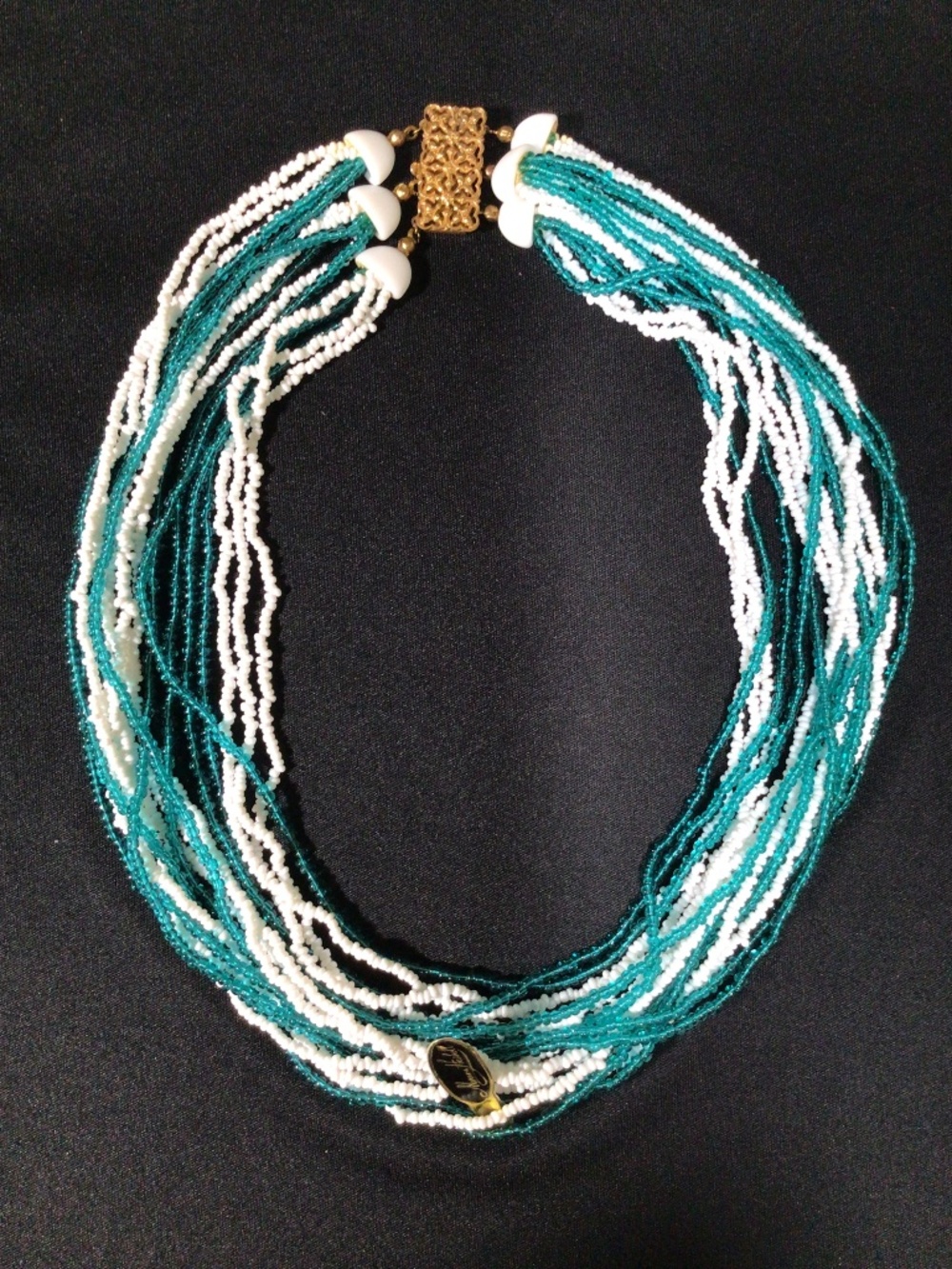 Vintage 50s Miriam Haskell Multi-Strand White Blue Seed Beads Choker, Signed